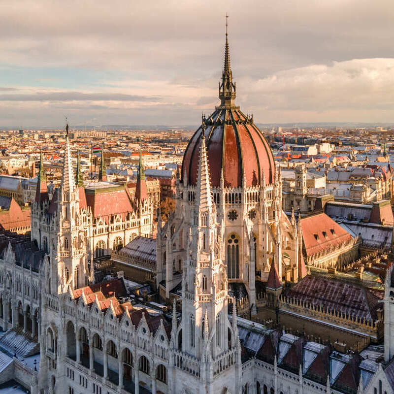 Aerial View Of The Hungarian Parliament In The Pest Side Of Budapest, Hungary, Central Eastern Europe