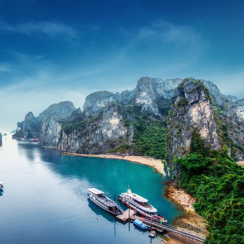 Aerial view of boats parked at Halong Bay in Vietnam
