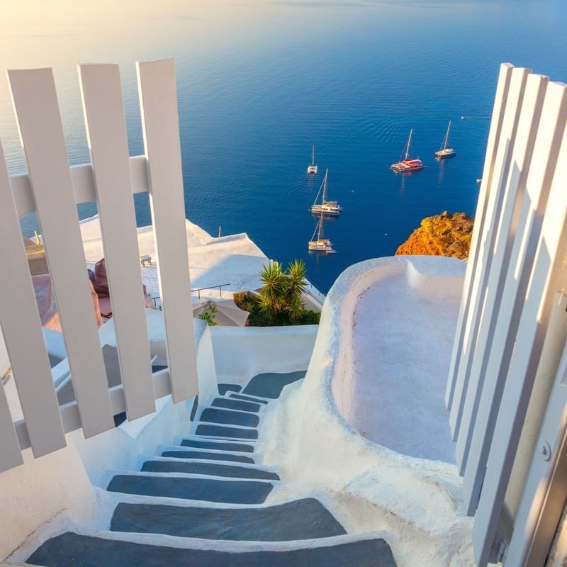Stairs Leading Down To The Aegean Sea In Santorini, Greece, Mediterranean Europe