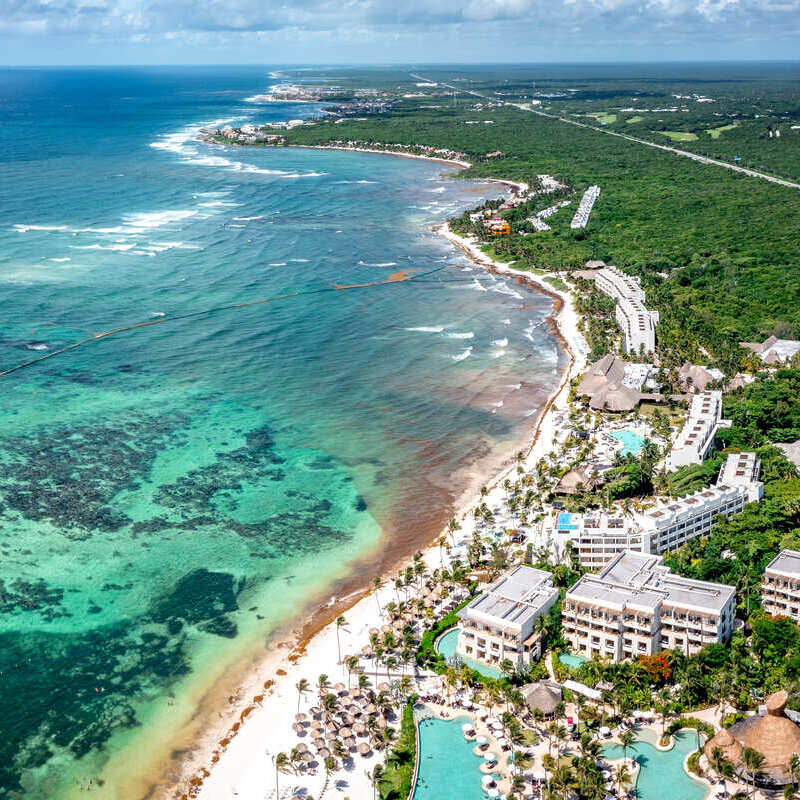 Aerial View Of A Resort Zone In Akumal, On The Riviera Maya Of The Mexican Caribbean, Bounded By The Caribbean Sea, In The State Of Quintana Roo In Mexico, Latin America