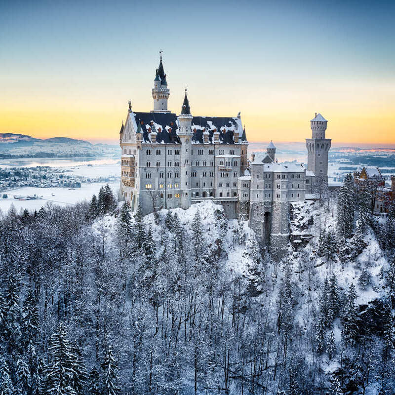 Neuschwanstein Castle Seen From The Nearby Mountain During Sunset Dusted By Snow, Winter, Germany, Central Europe