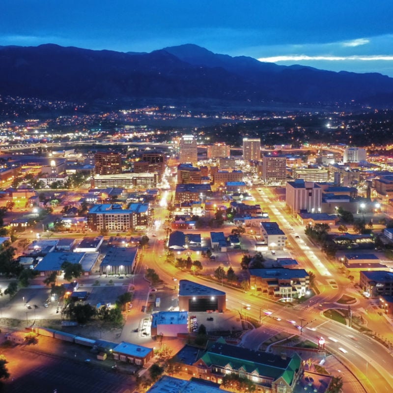 aerial view of downtown colorado springs at night