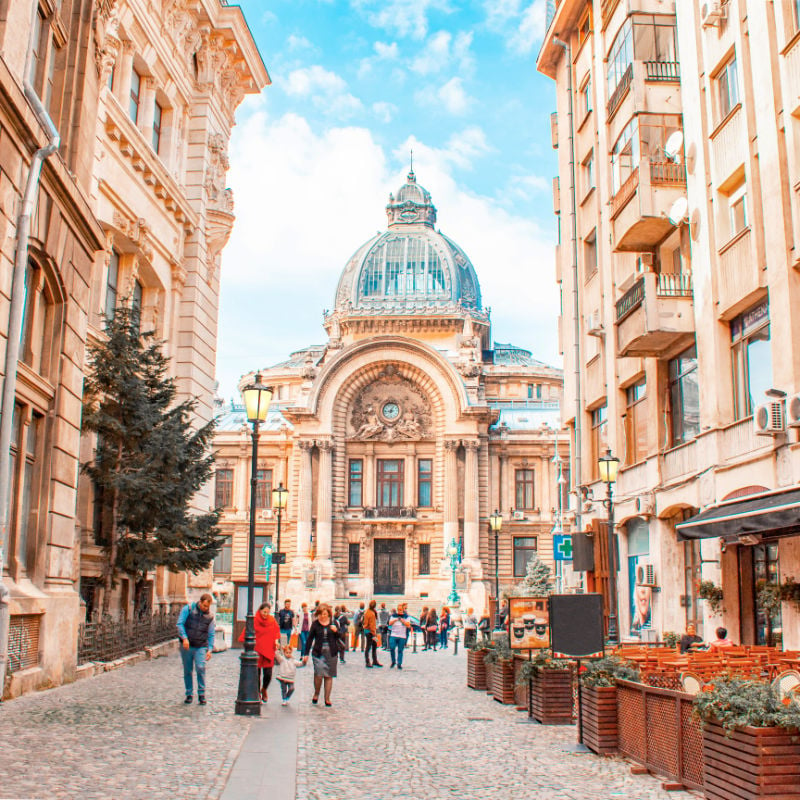 Bucharest, Romania. Panoramic view Palace of the Savings Bank in the historical center or old town of city