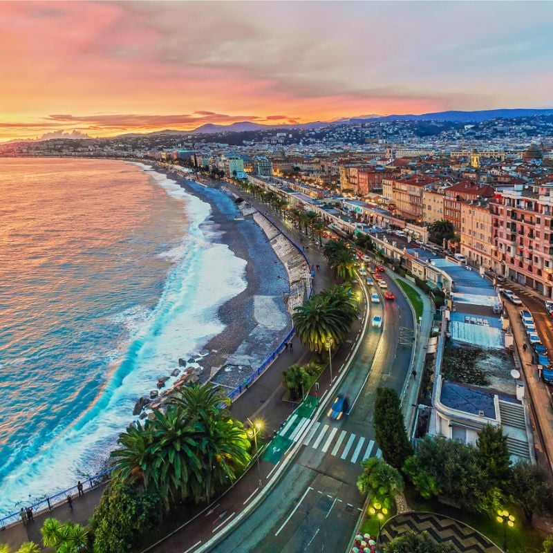 aerial view of the seafront and pretty buildings in nice on the french riviera