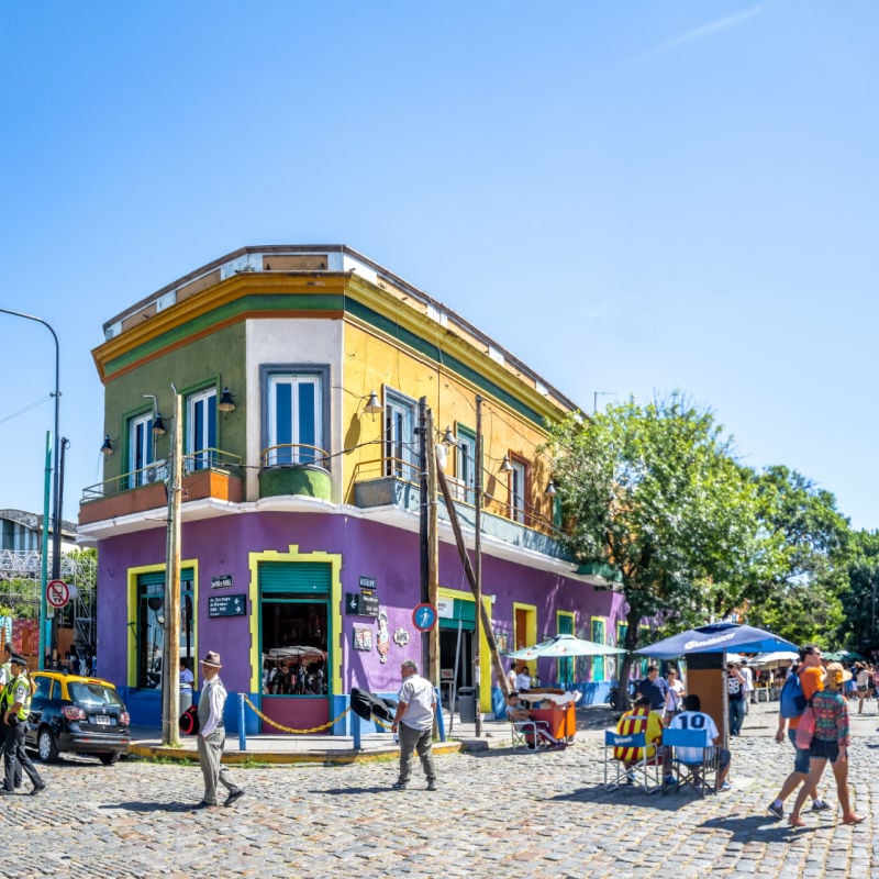 colorful houses on a cobbled street on a sunny day in buenos aires argentina