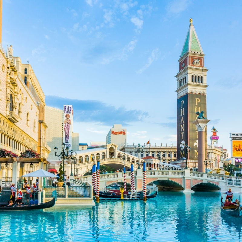 LAS VEGAS, USA - Gondola with tourists at the Venetian Resort Hotel & Casino. The resort opened on May, 1999 with flutter of white doves, sounding trumpets and actress Sophia Loren