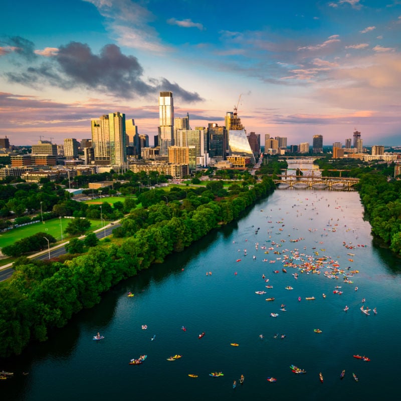 drone view of kayakers in austin