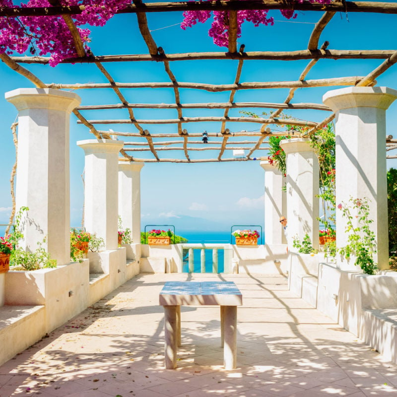 a beautiful deck in ravello village on the amalfi coast looking out to sea