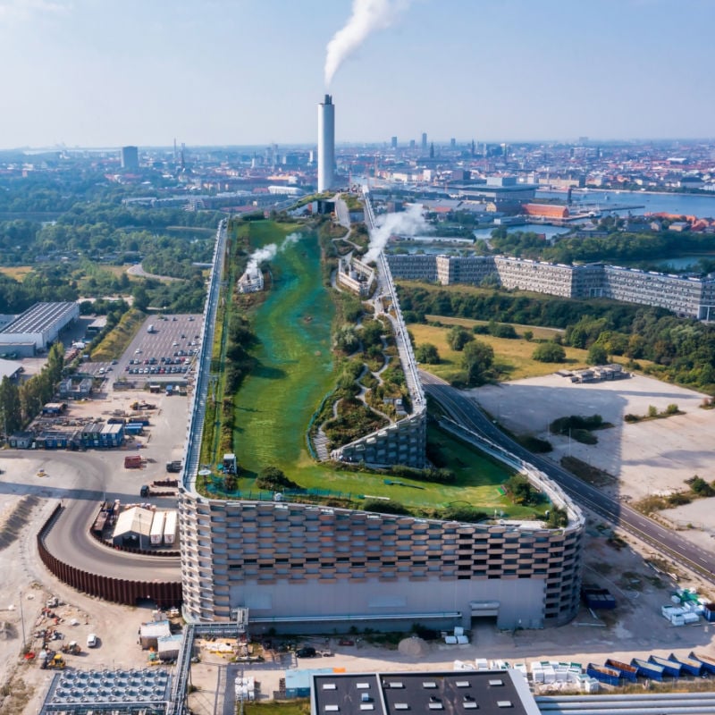 copenhill dry ski slope and hikingh route on a power station viewed from above