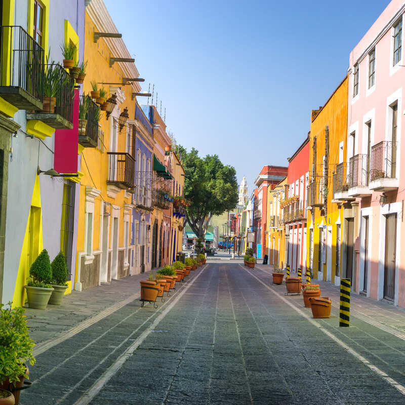 A Colonial Street In Downtown Puebla, Central Mexico, Latin America