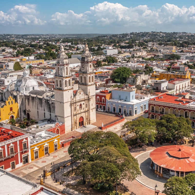 Aerial view Cityscape of Campeche downtown on a sunny day.