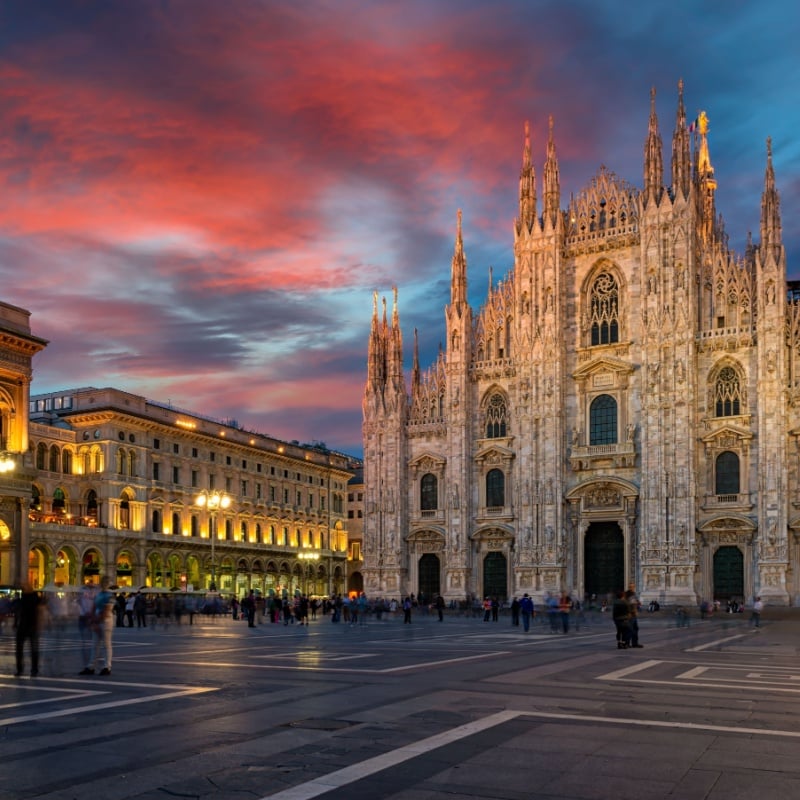 Milan Cathedral (Duomo di Milano), piazza del Duomo and Vittorio Emanuele II Gallery in Milan, Italy.