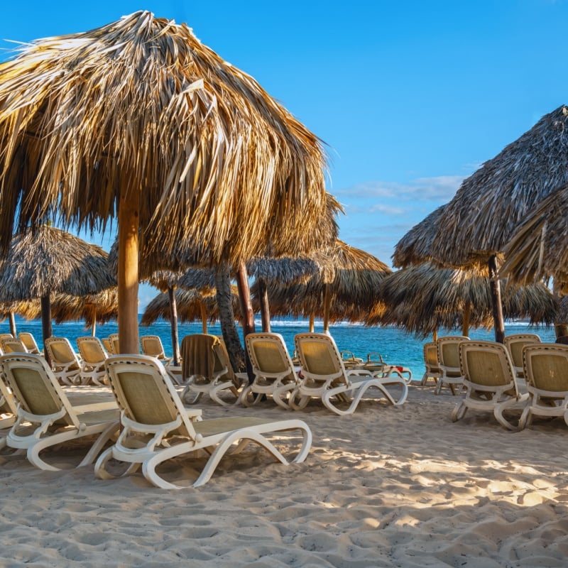 beach lounge chairs available early morning in Punta Cana, the Dominican Republic.