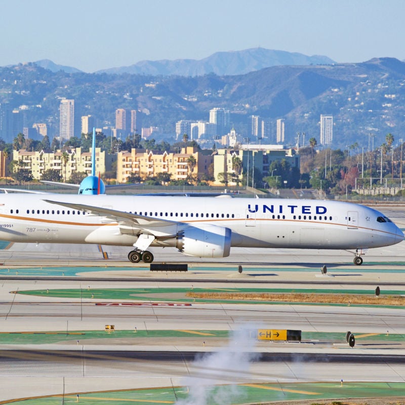 United plane on runway in Los Angeles