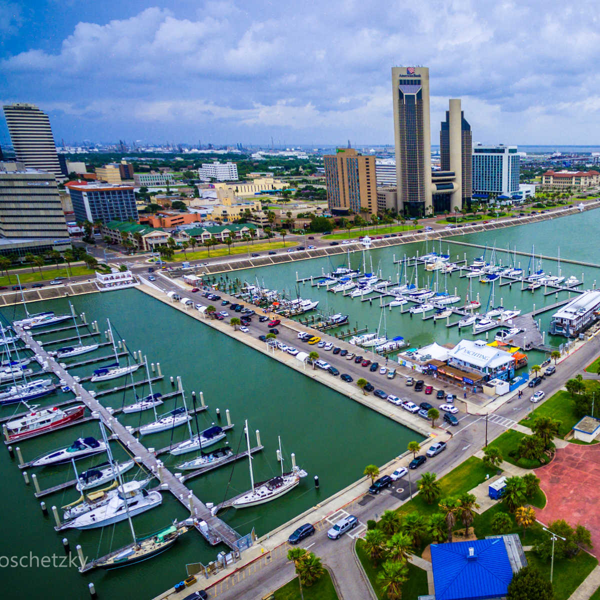 Aerial view of Corpus Christi marina and downtown district