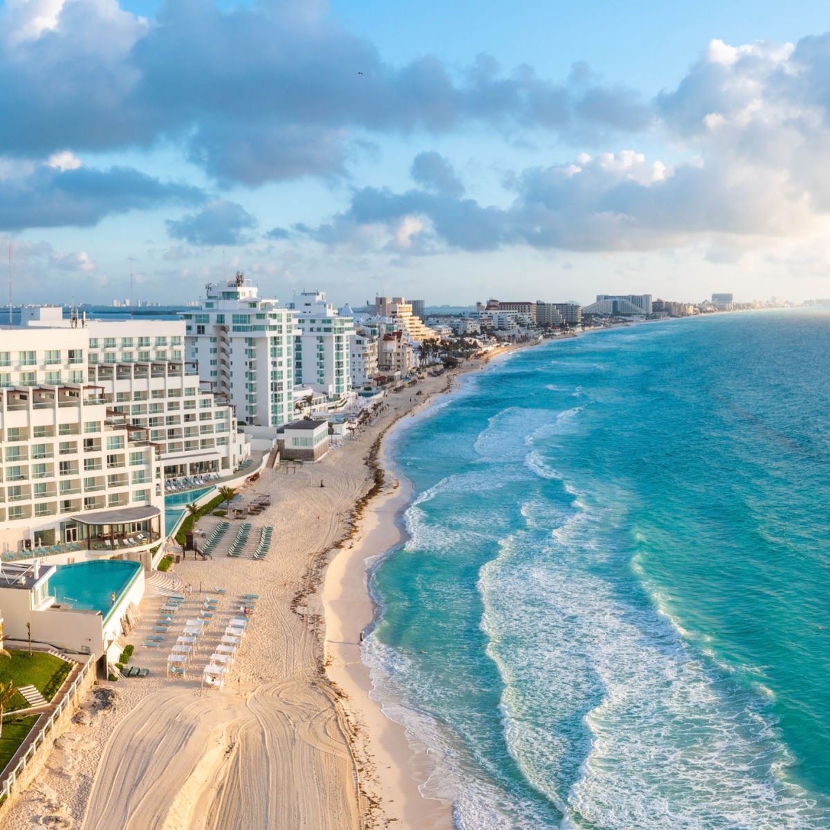 Coastal view of resorts in Cancun