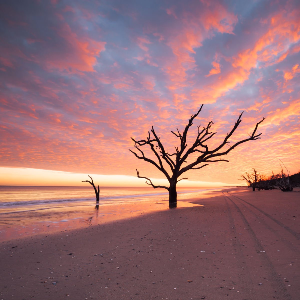 Colorful sky over Edisto Island beach