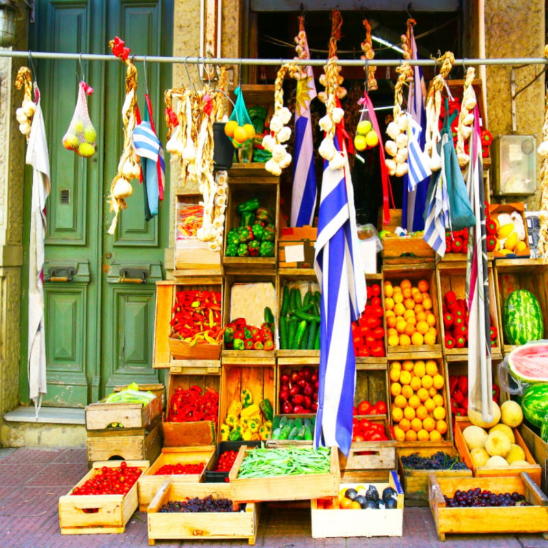 Colourful Street Market Selling Fruits, Vegetable and Produce. Montevideo, Uruguay Flag