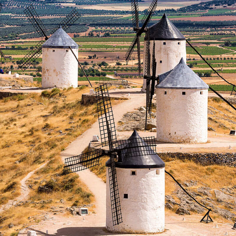 White Windmills In Castilla La Mancha, Spain, Southern Europe