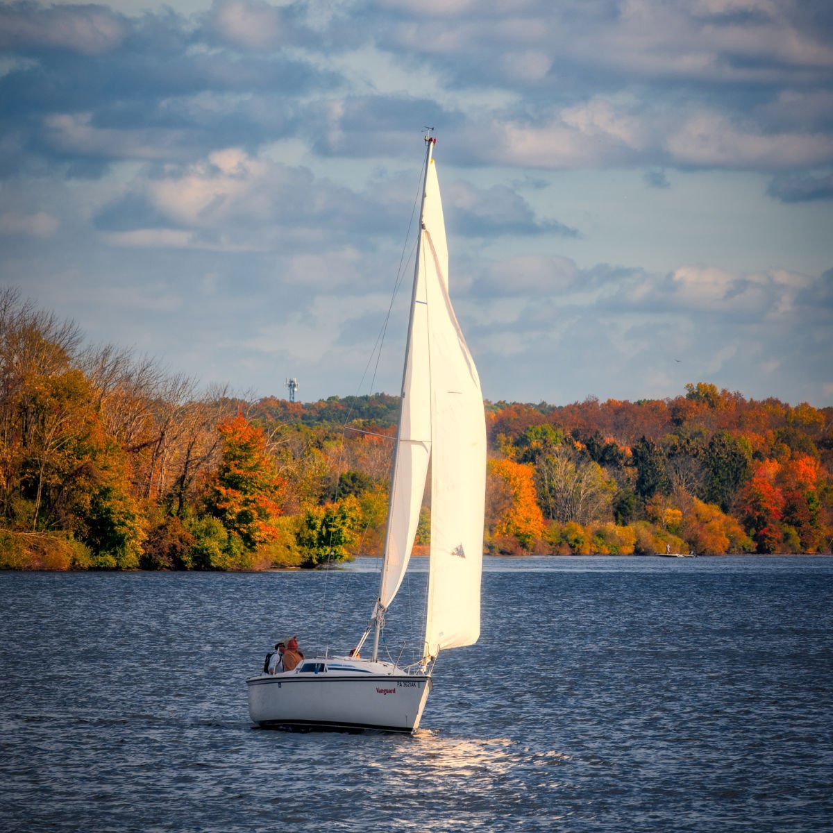 Boat-in-lake-at-Nockamixon-State-Park-in-fall