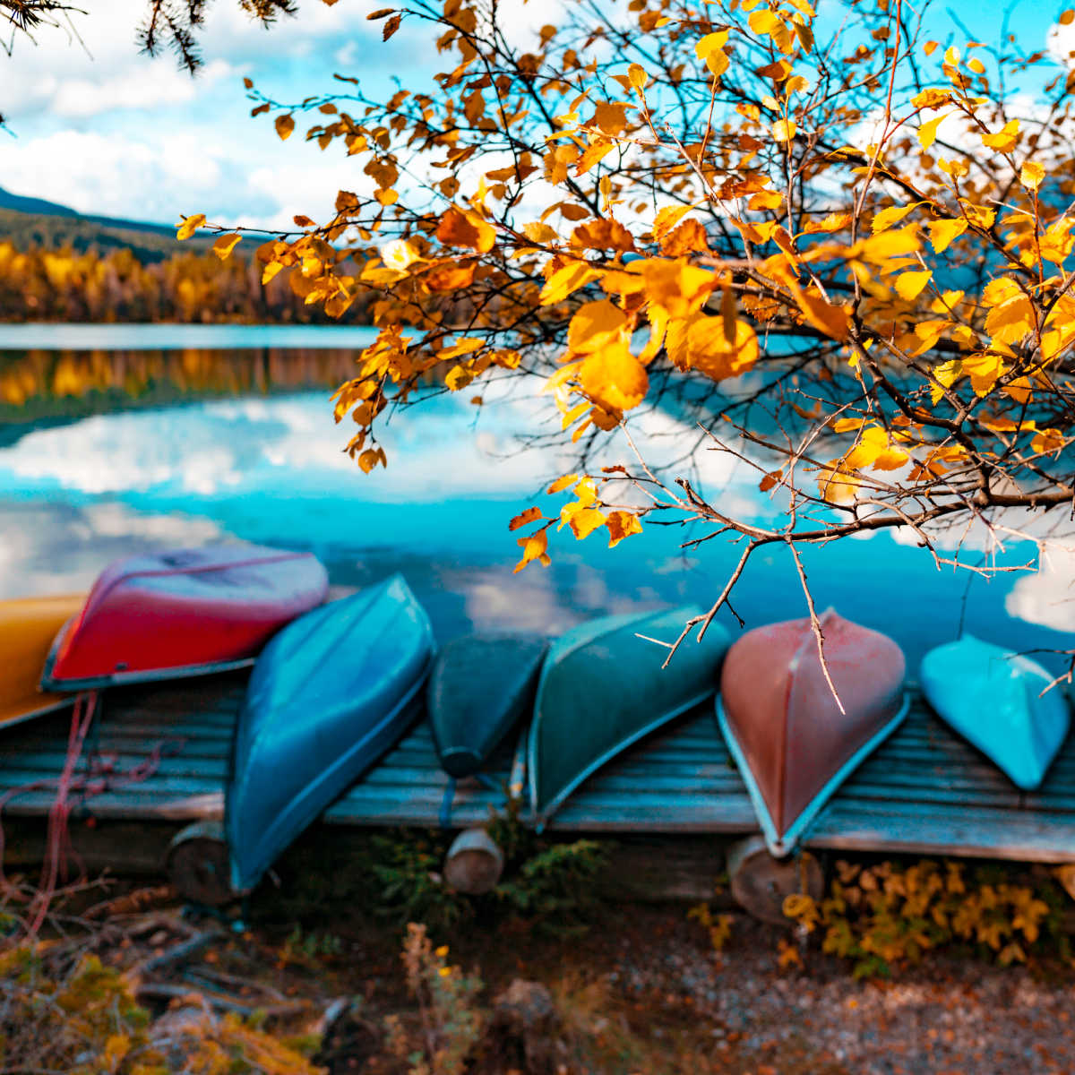 Canoes on lake in Pennsylvania in fall