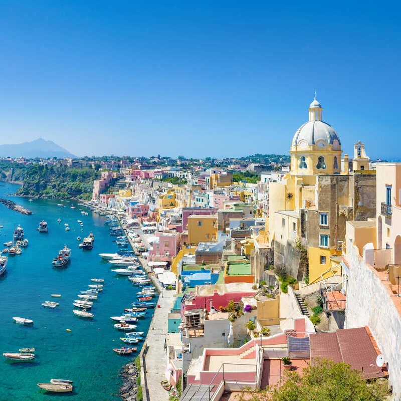 Colorful Harbor In The Island Of Procida, Italy, Southern Europe