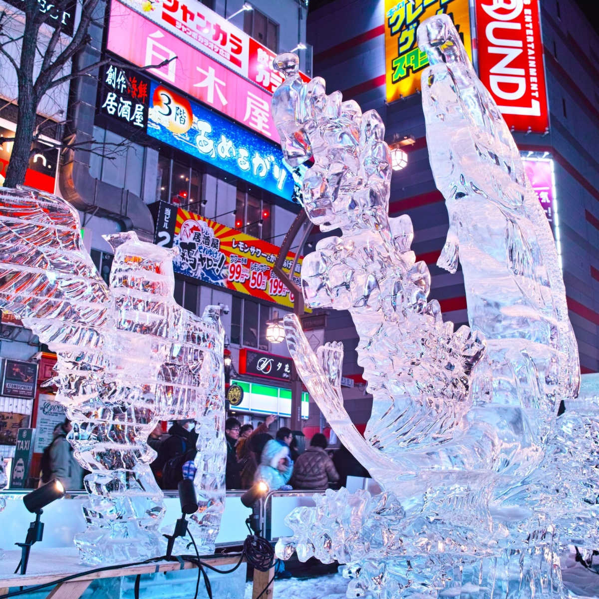 Sapporo Snow Festival, ice sculptures at the Susukino venue at night