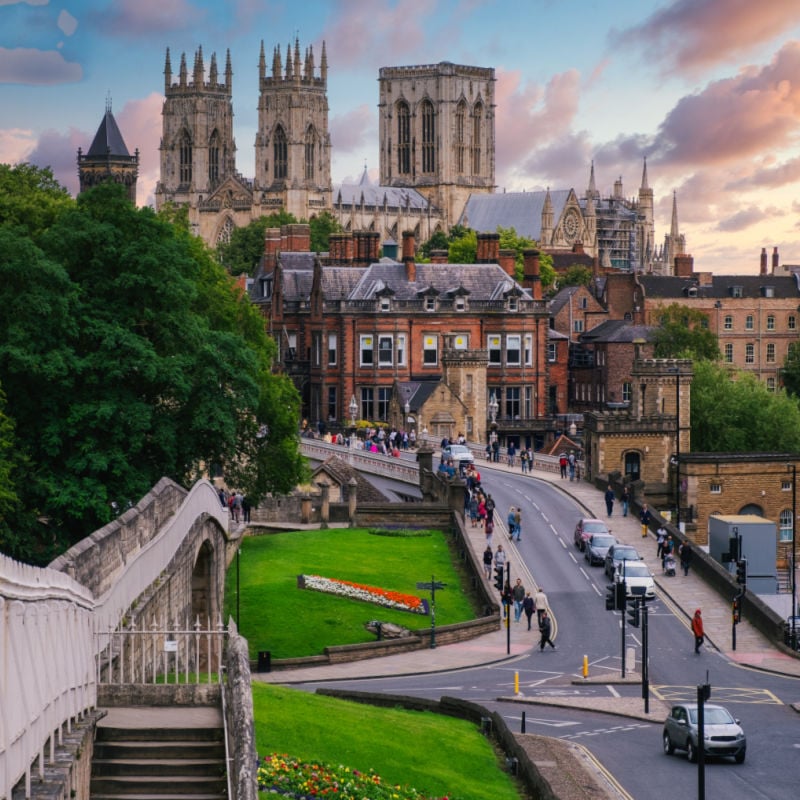 The city of York, its medieval wall and the York Minster at sunset