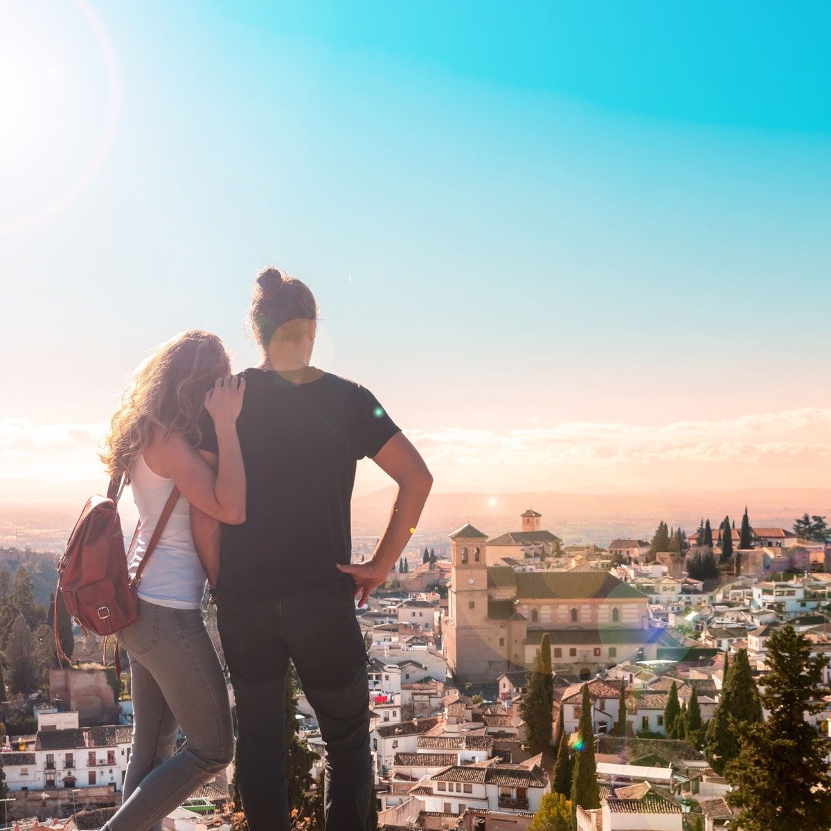 Tourists Admiring A View Of Granada, Spain, Southern Europe