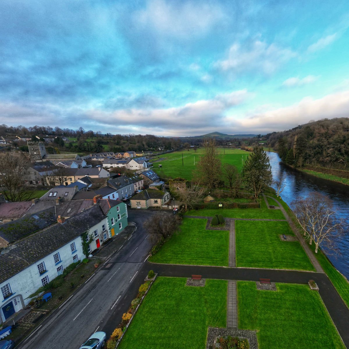 Aerial view of Inistioge town and river