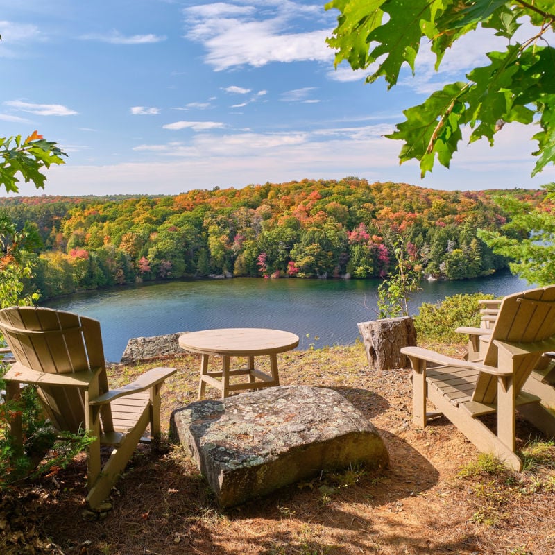 Seating area overlooking Muskoka's colorful treetops