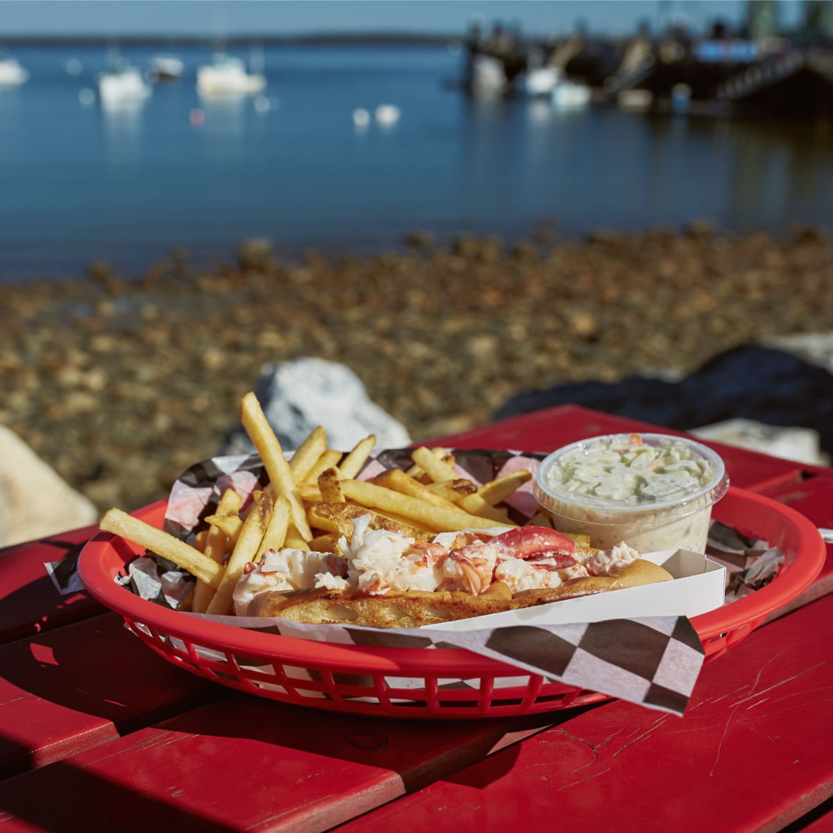 Eating lobster roll in Maine waterfront